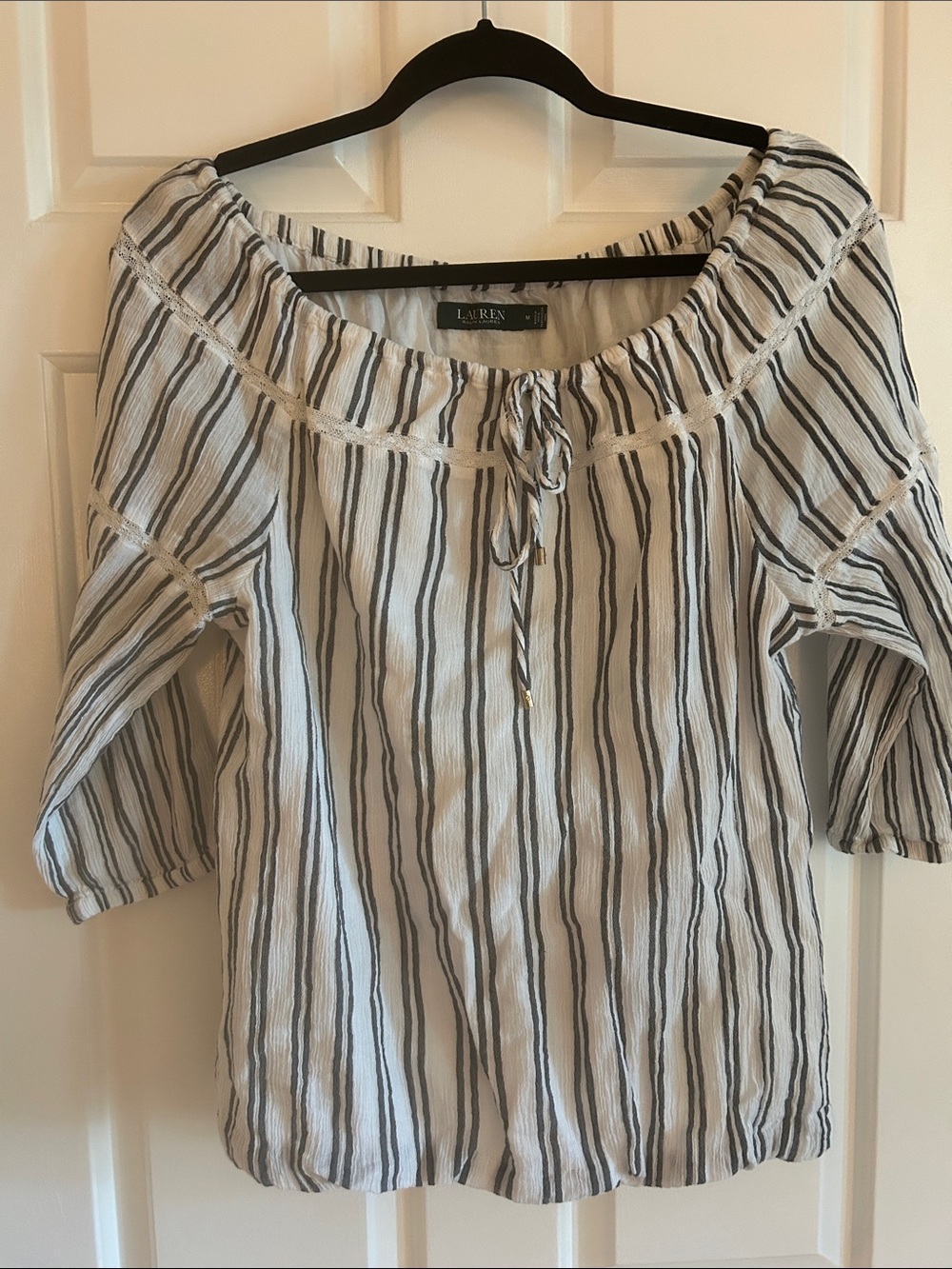 Lauren Ralph Lauren White Top with Black Chambray Vertical Stripes 100% Cotton